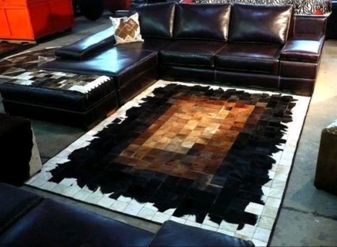 Handmade Leather Patchwork Rug Brown Black Area Carpet Modern Living Room