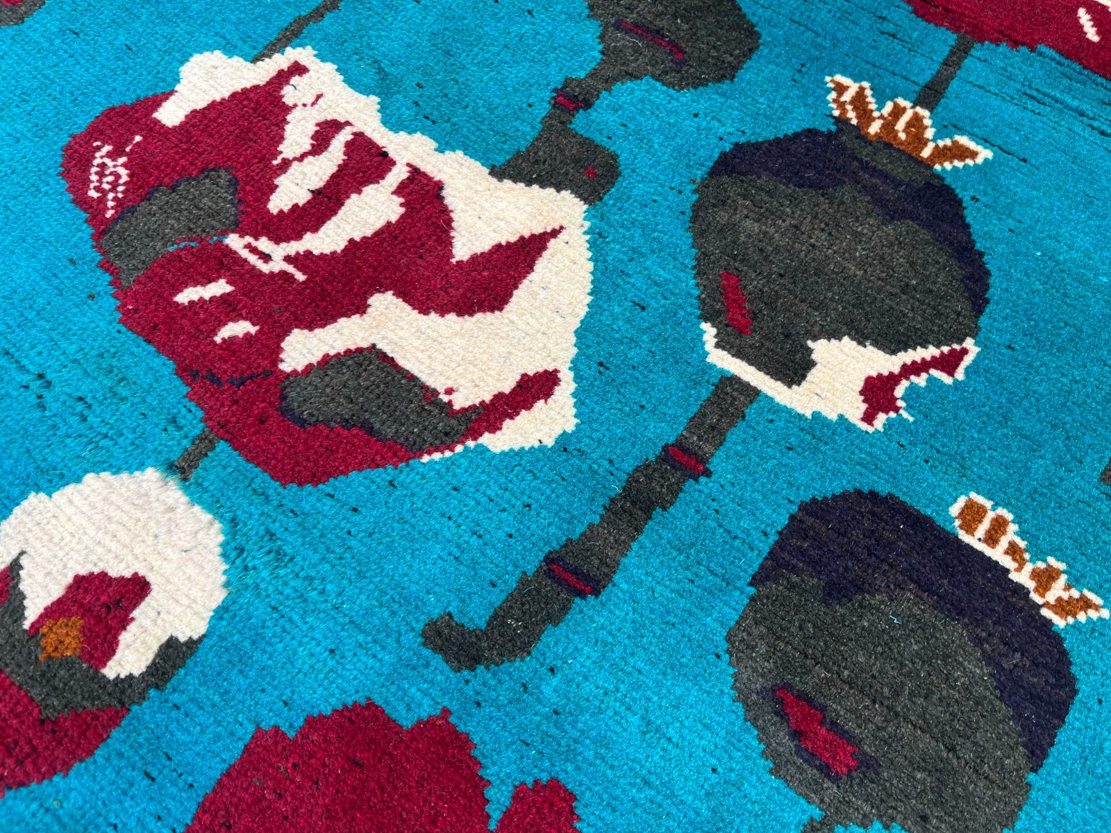 2’8 x 4 Ft Rare Afghan Opium Rug – Turquoise Field Tribal Pictorial Wool Carpet