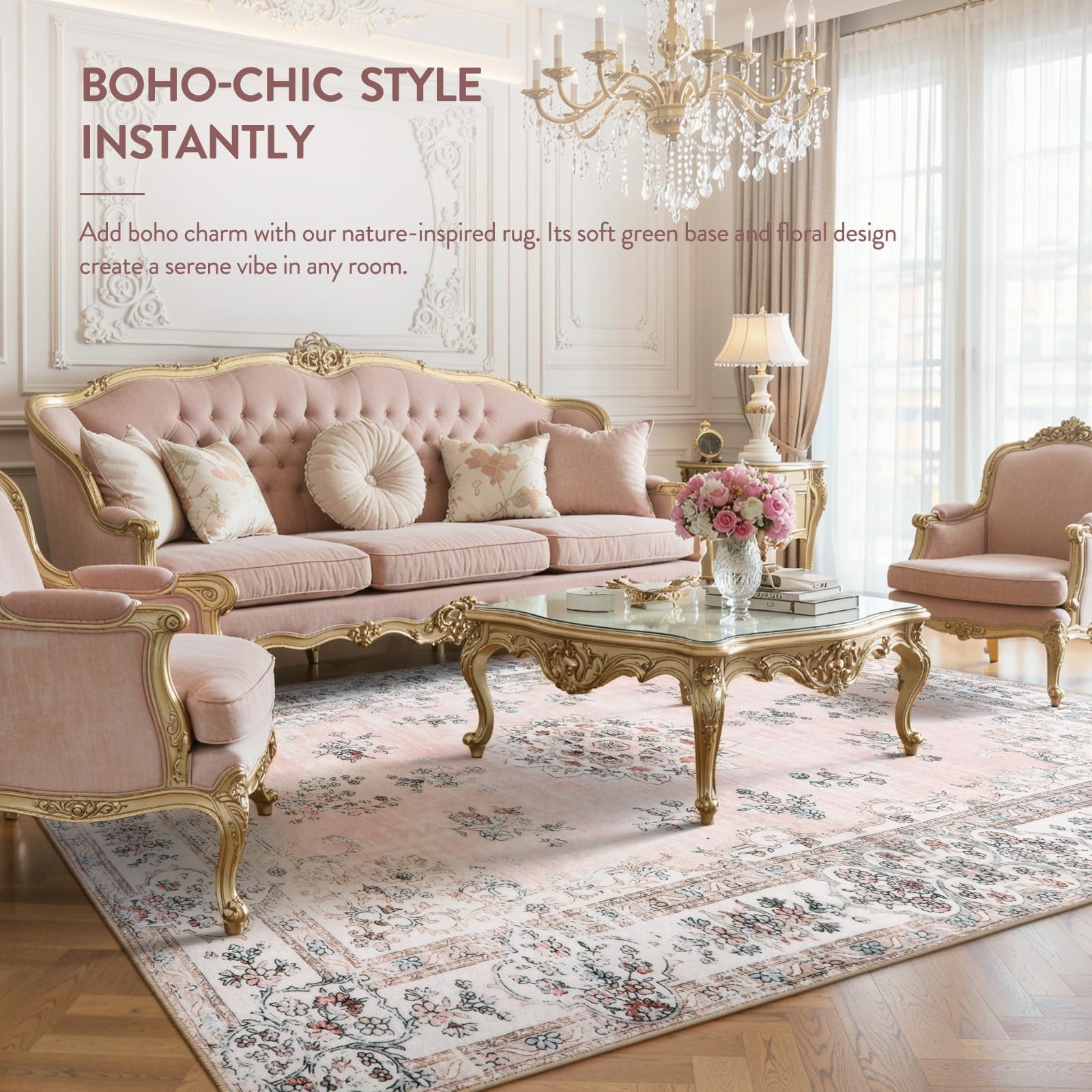 Lahome 8×10 Soft Pink Floral Area Rug for Bedroom Living Room Office