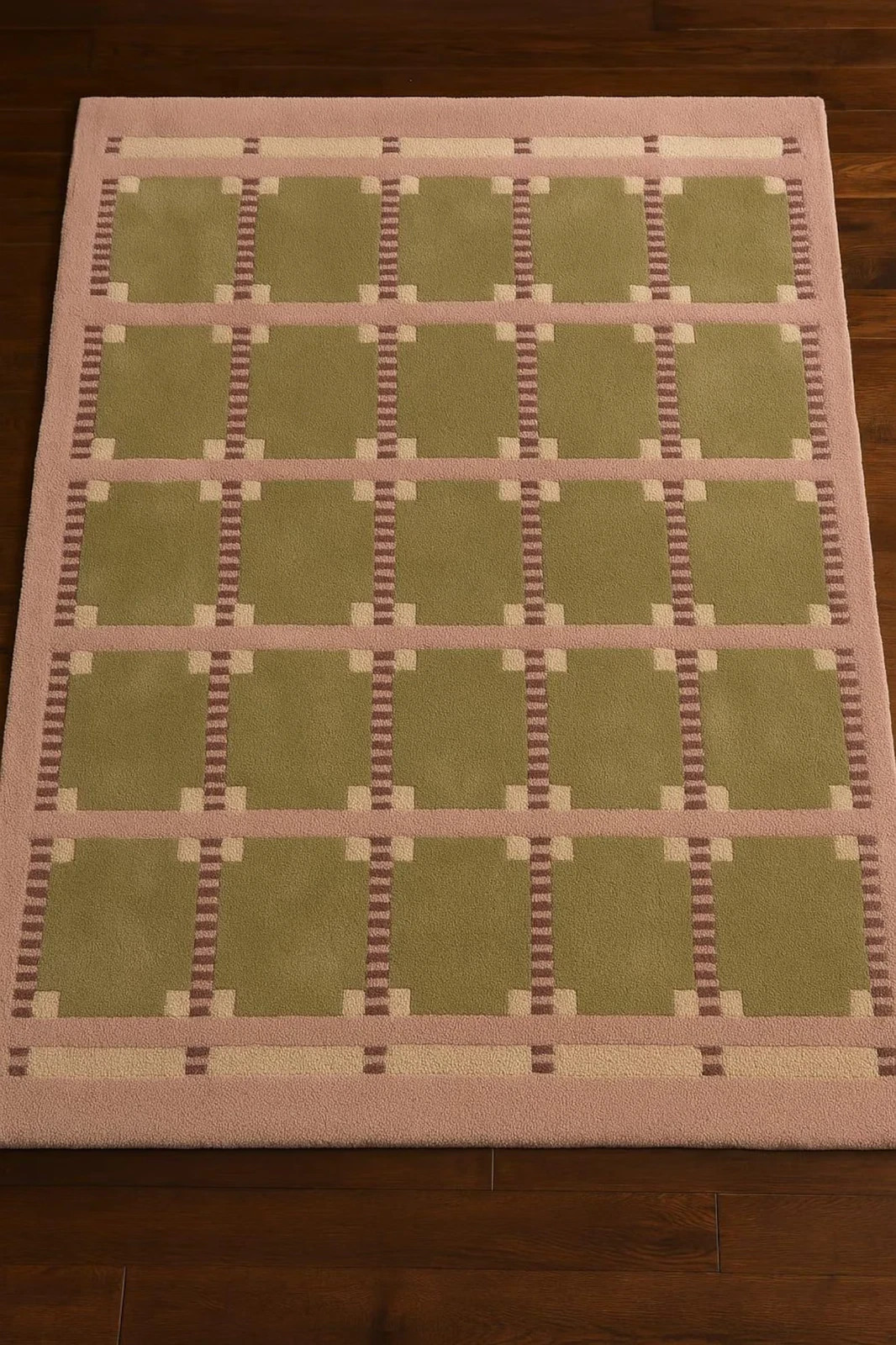 Sage Green & Blush Pink Grid Rug Modern Geometric Wool Area| Hand-Tufted Carpet