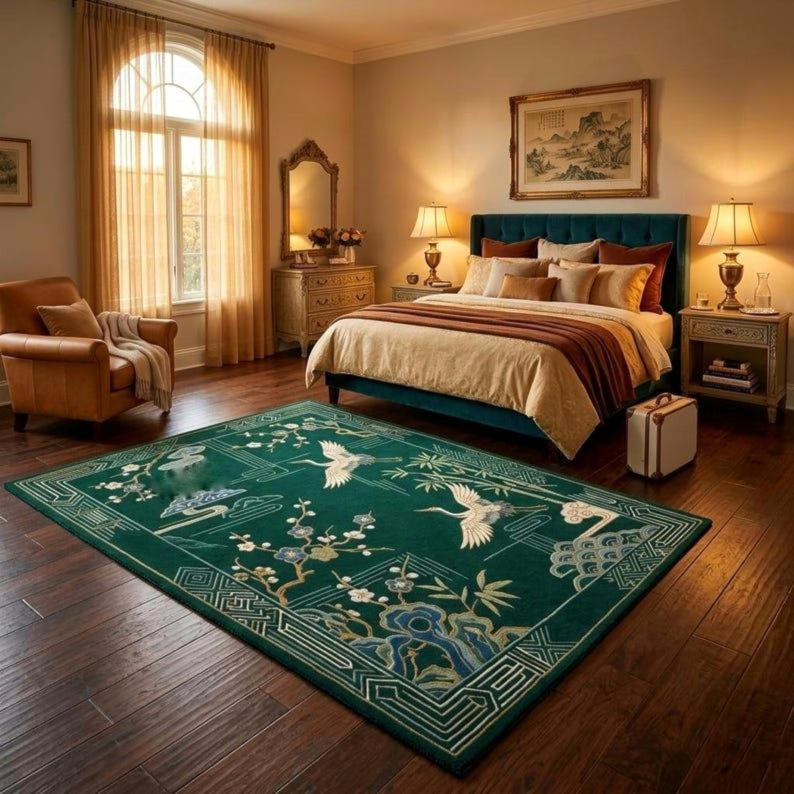 Emerald Green Chinoiserie Rug Modern Abstract Hand Tufted Wool Carpet Custom Rug