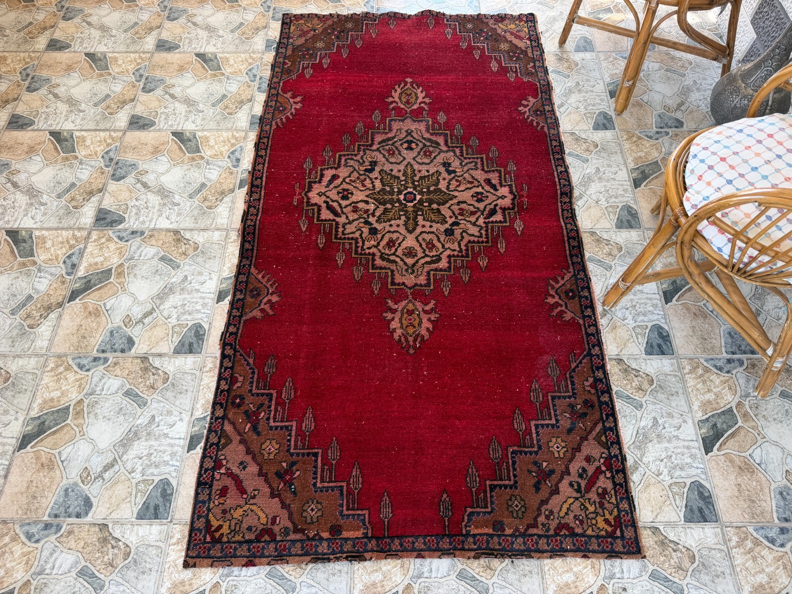 Vintage Red Turkish Oushak Rug 4×7 Handknotted Tribal Anatolian Area Rug Wool