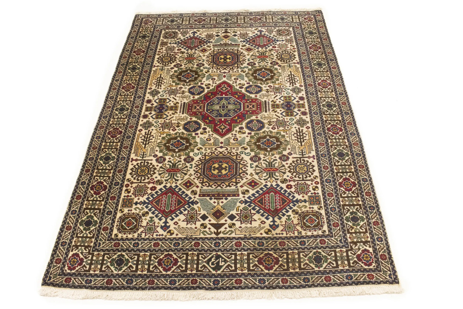 4’4X6’4 Antique Hand-Knotted Oriental Rug Cream Tribal Design Home Carpet