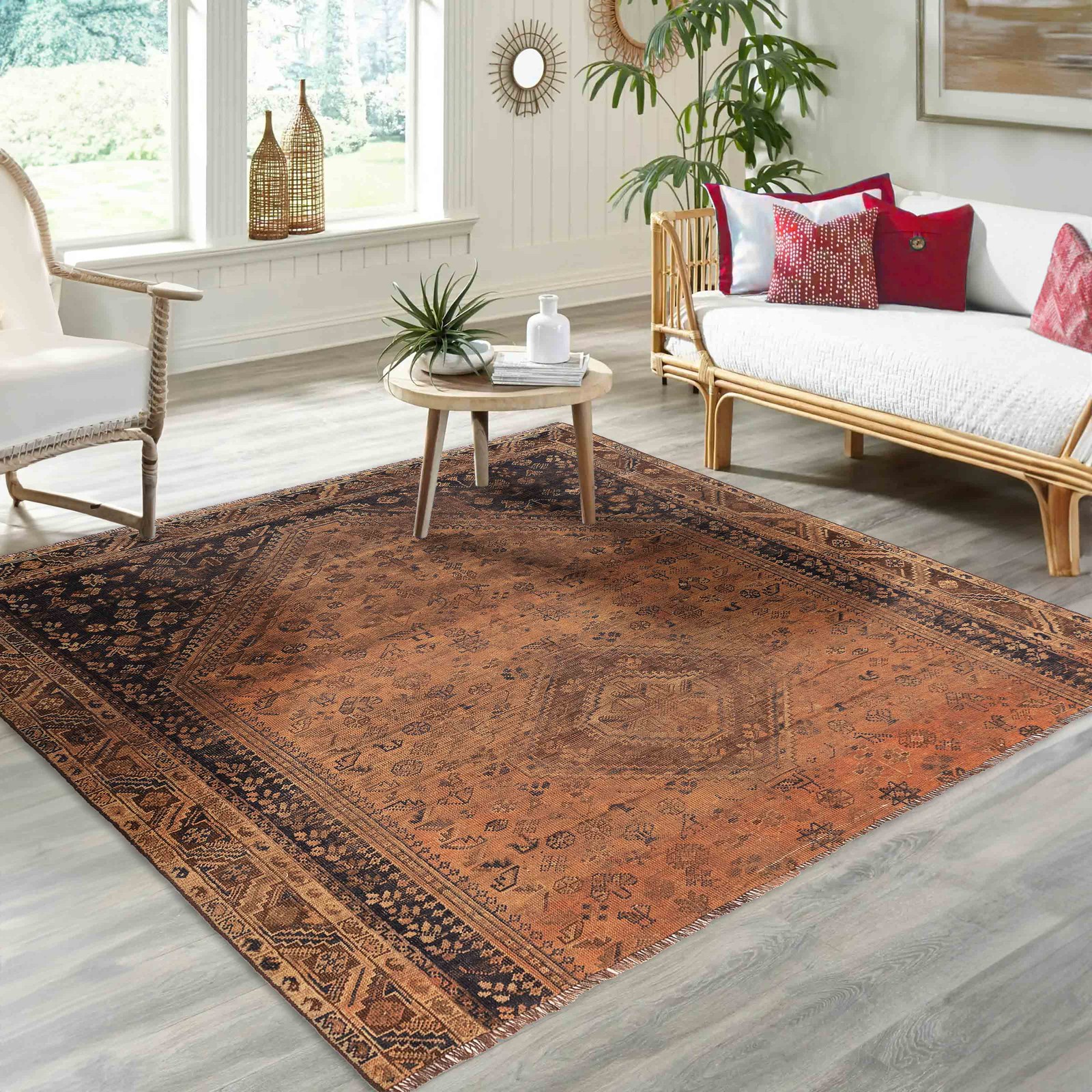 Vintage 6’8″ x 6’6″ Traditional Hand Knotted Vegetable Dye Wool Area Rug