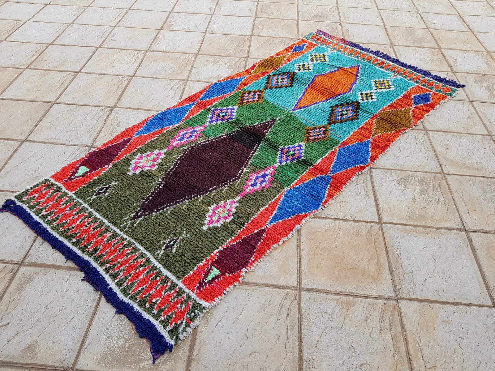 Moroccan Vintage Boucherouite Rug 7’4×3’5″Ft Berber Carpet, Vintage Azilal Rug