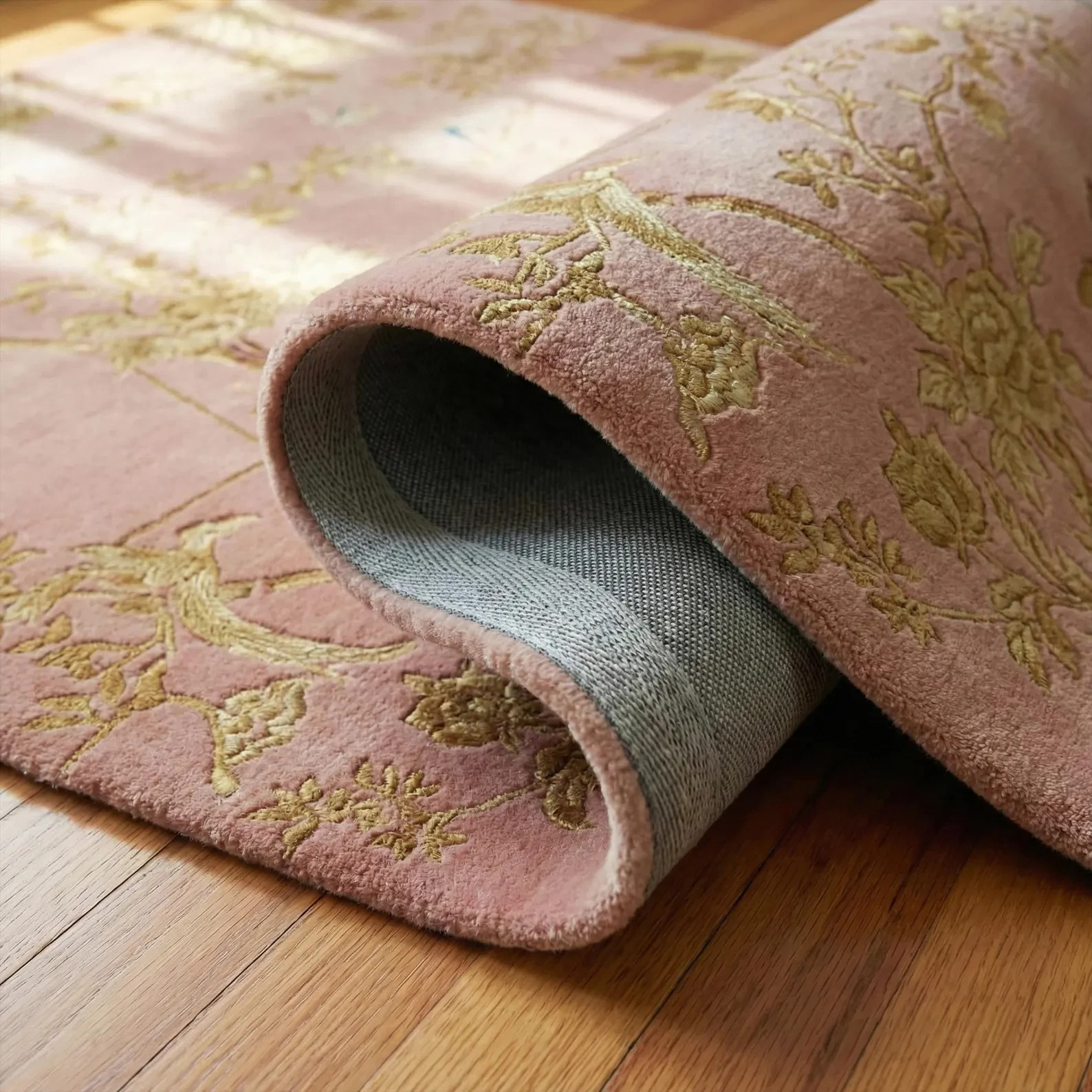 Pink Gold Floral Wool Rug, Hand Tufted Nature Inspired Area Rugs modern 8×10