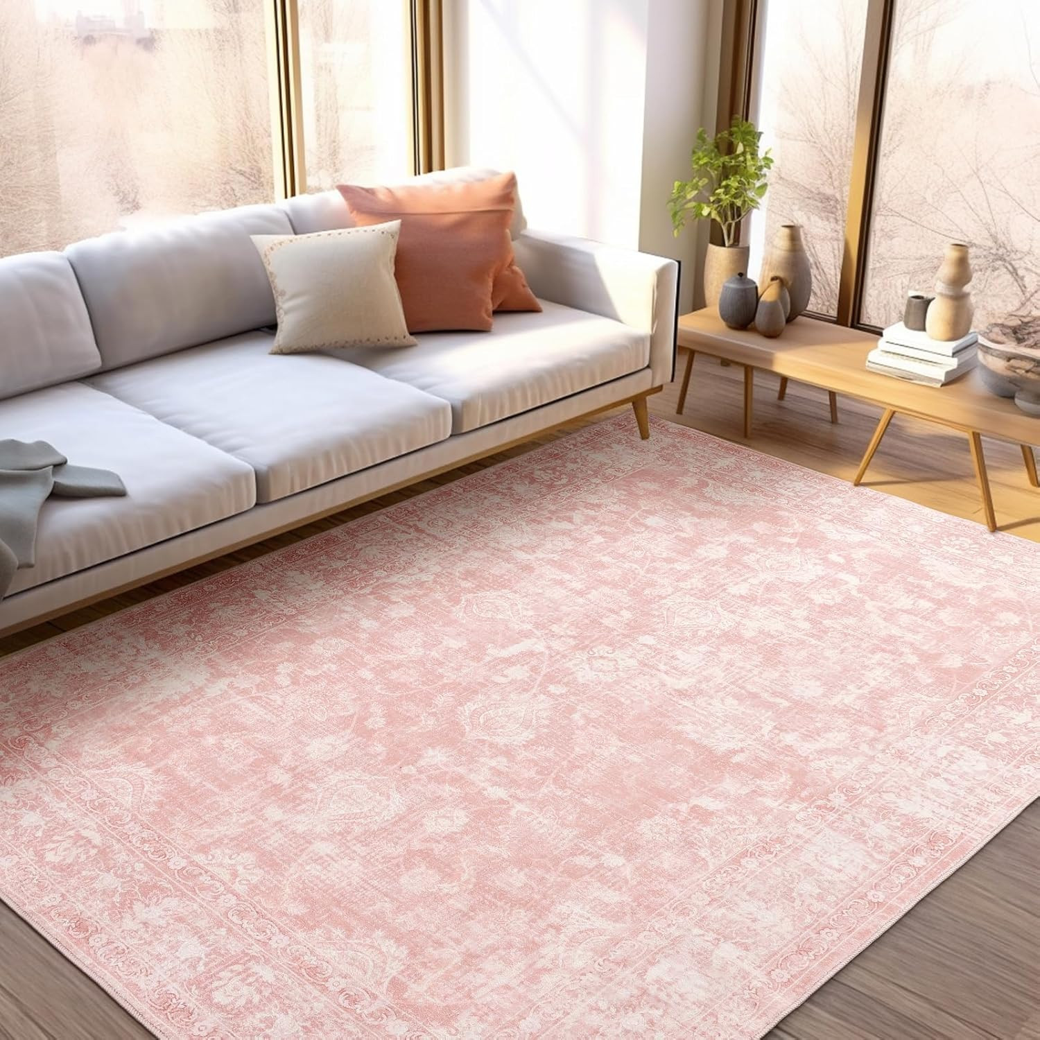 3X5 Pink Washable Rug – Vintage Floral Low Pile Area Rug for Bedroom, Girls Room