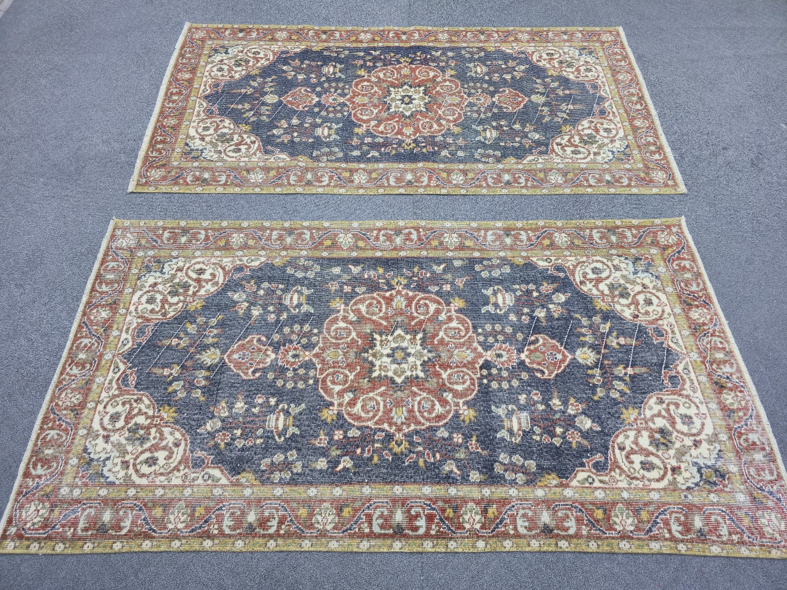 Muted Navy Oushak Wool Rug Pair 3.5×6.7 Twin Vintage Turkish Rugs Terracotta
