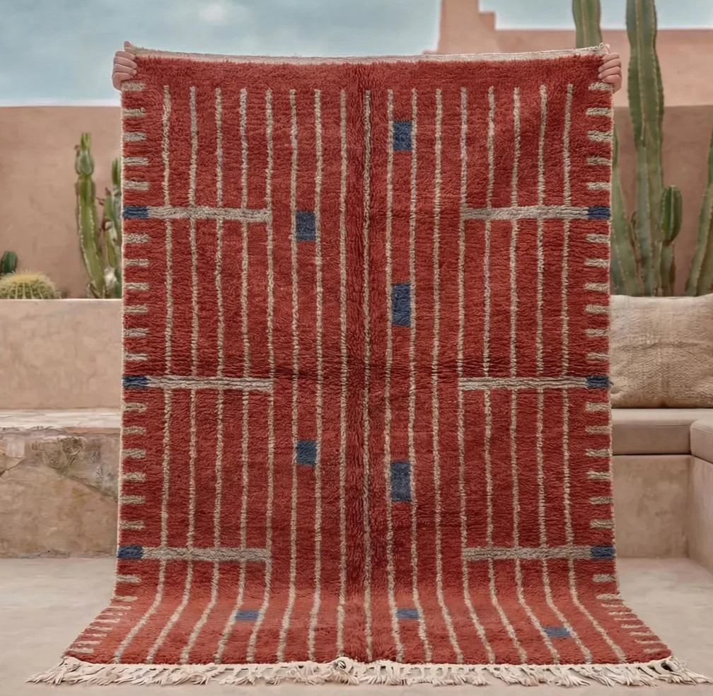 Terracotta Moroccan Rug – Handmade Ivory Lines & Blue Wool Berber Shag Carpet.
