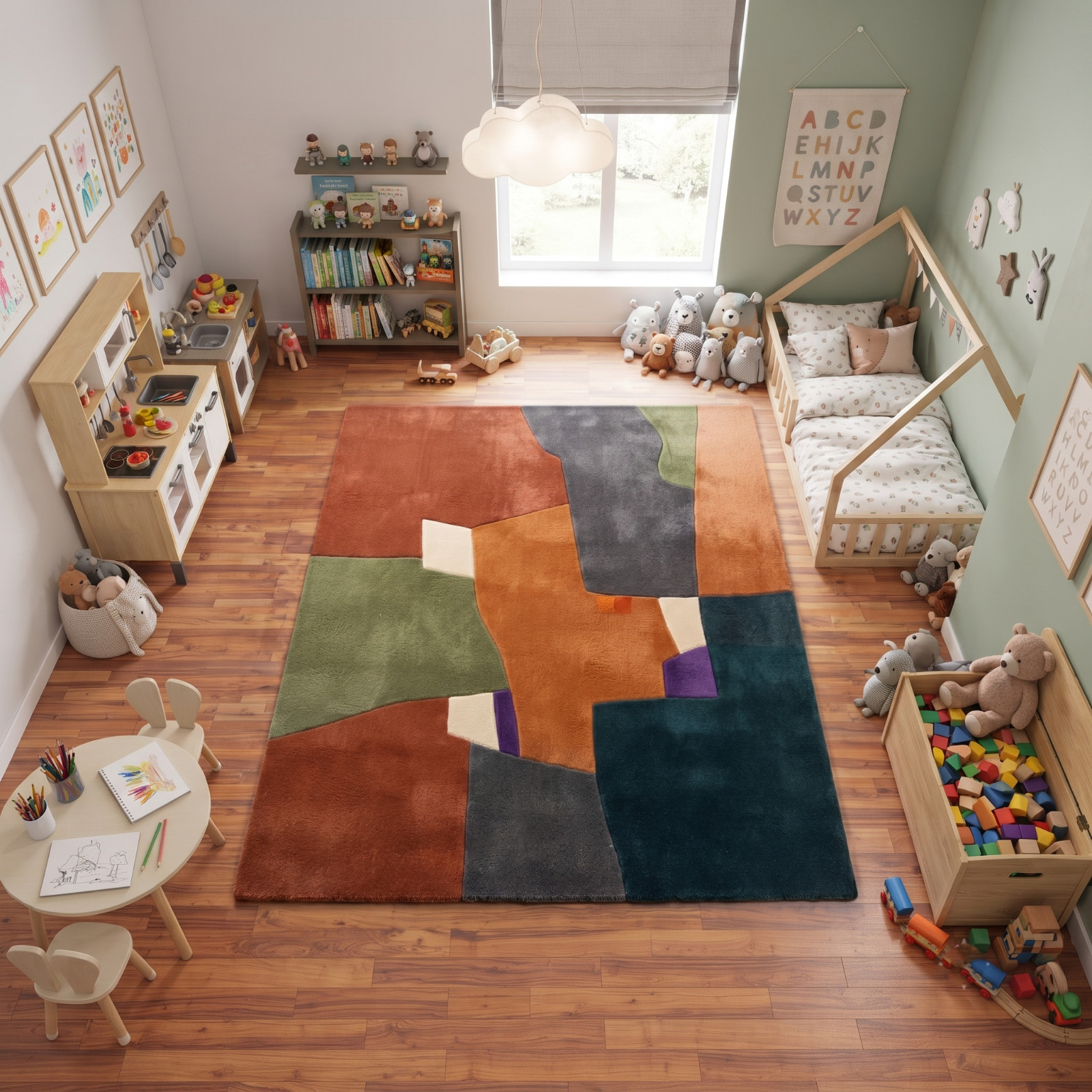 Modern Abstract Geometric Area Rug, Hand Tufted Wool Colorful Living Room Carpet