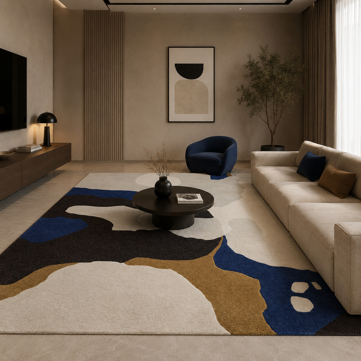 Modern Abstract Area Rug 8×10 Luxury Hand Tufted Wool Living Room Carpet Blue
