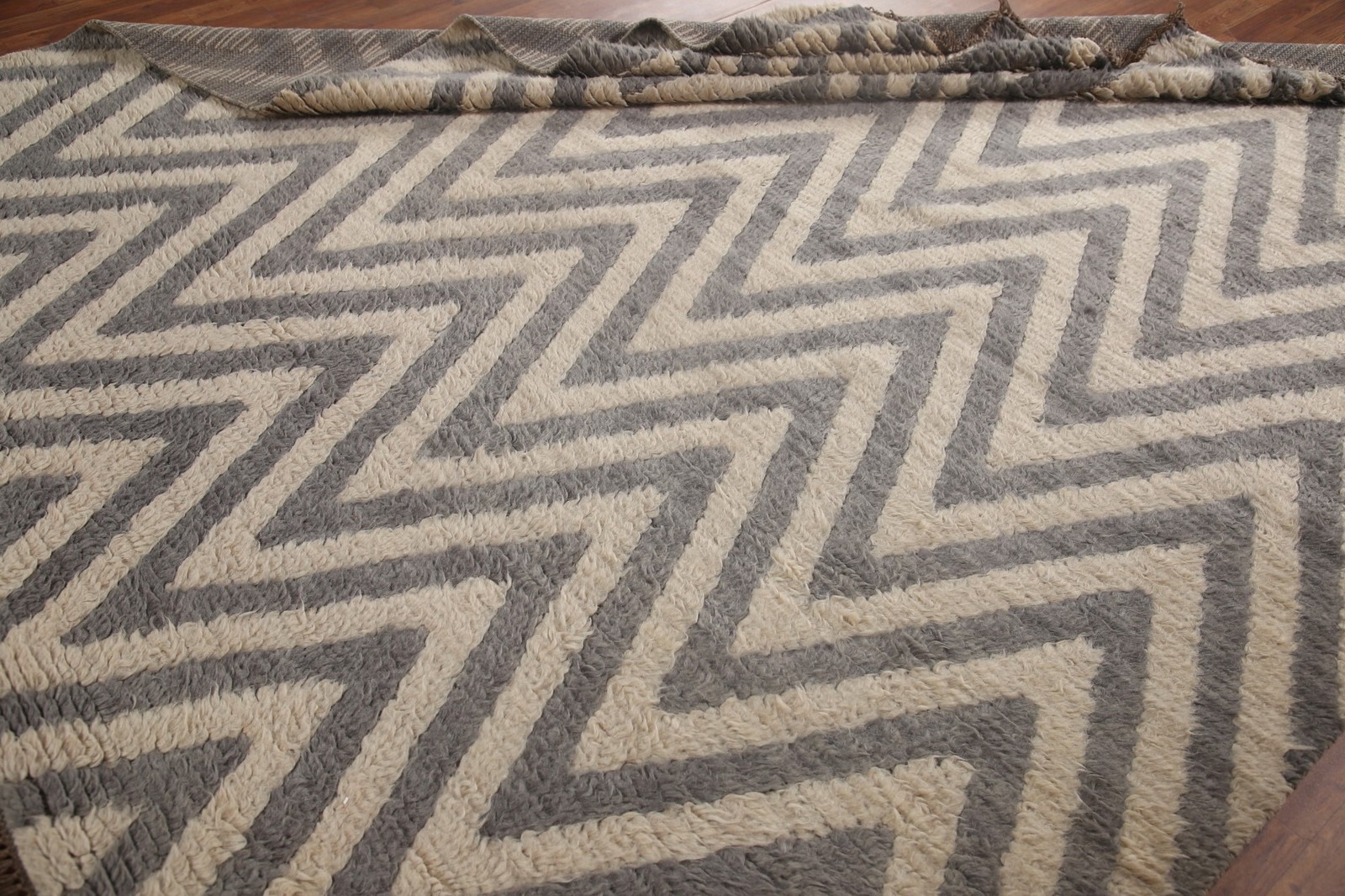 Chevron Moroccan Shaggy Wool Hand-knotted Contemporary Room Size Rug 8×10 Carpet