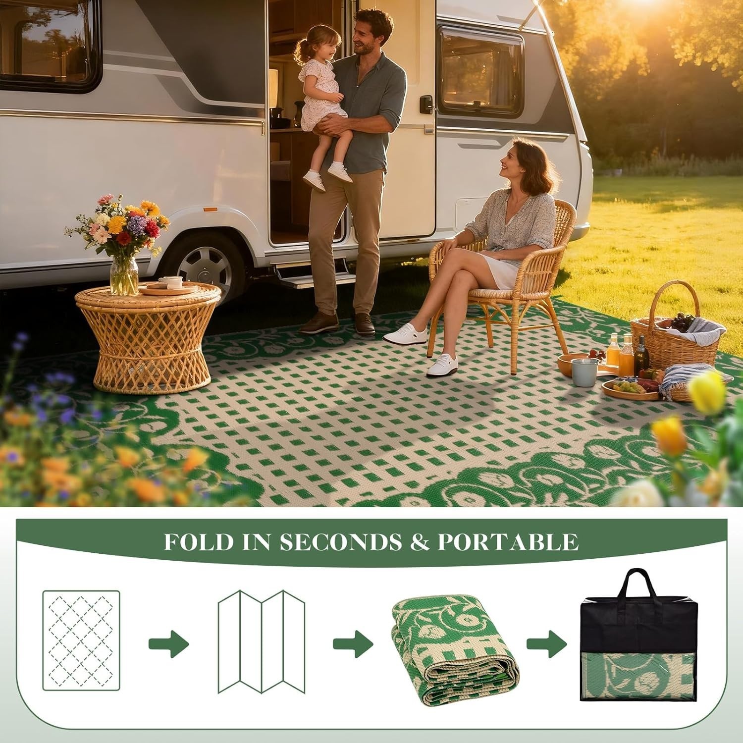 Plastic Straw Rugs 5×8 Floral Reversible Waterproof Patio Camping Picnic Carpet