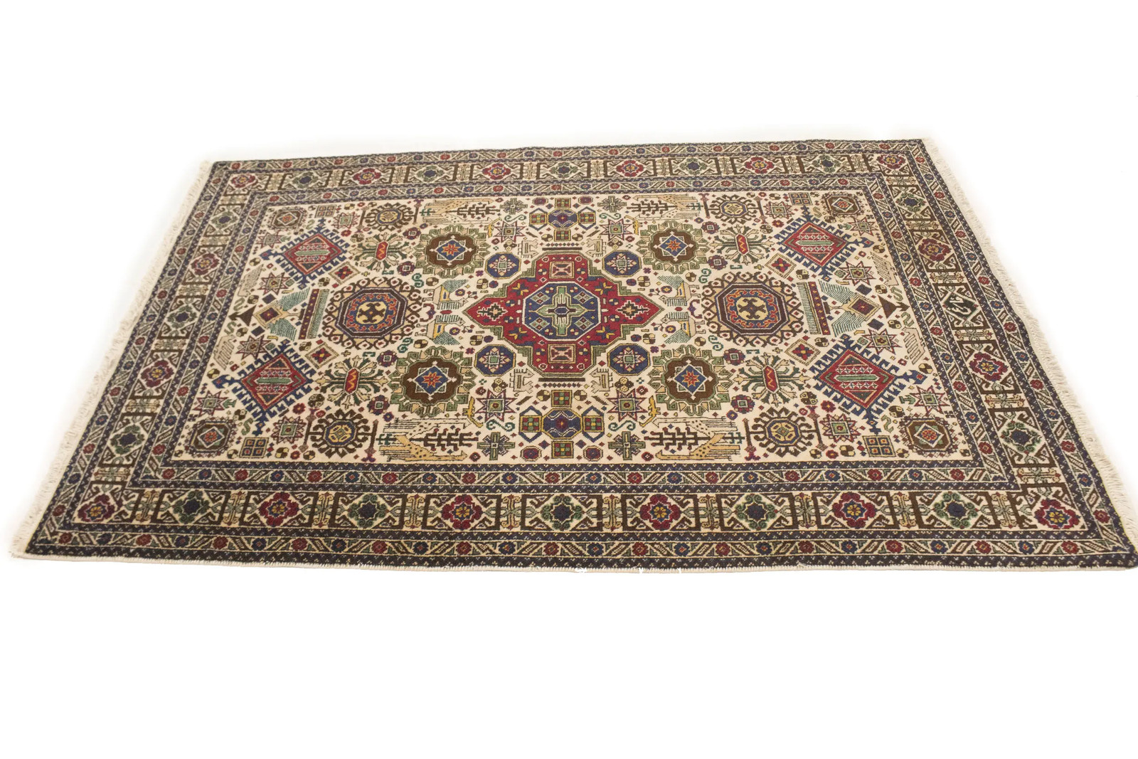 4’4X6’4 Antique Hand-Knotted Oriental Rug Cream Tribal Design Home Carpet