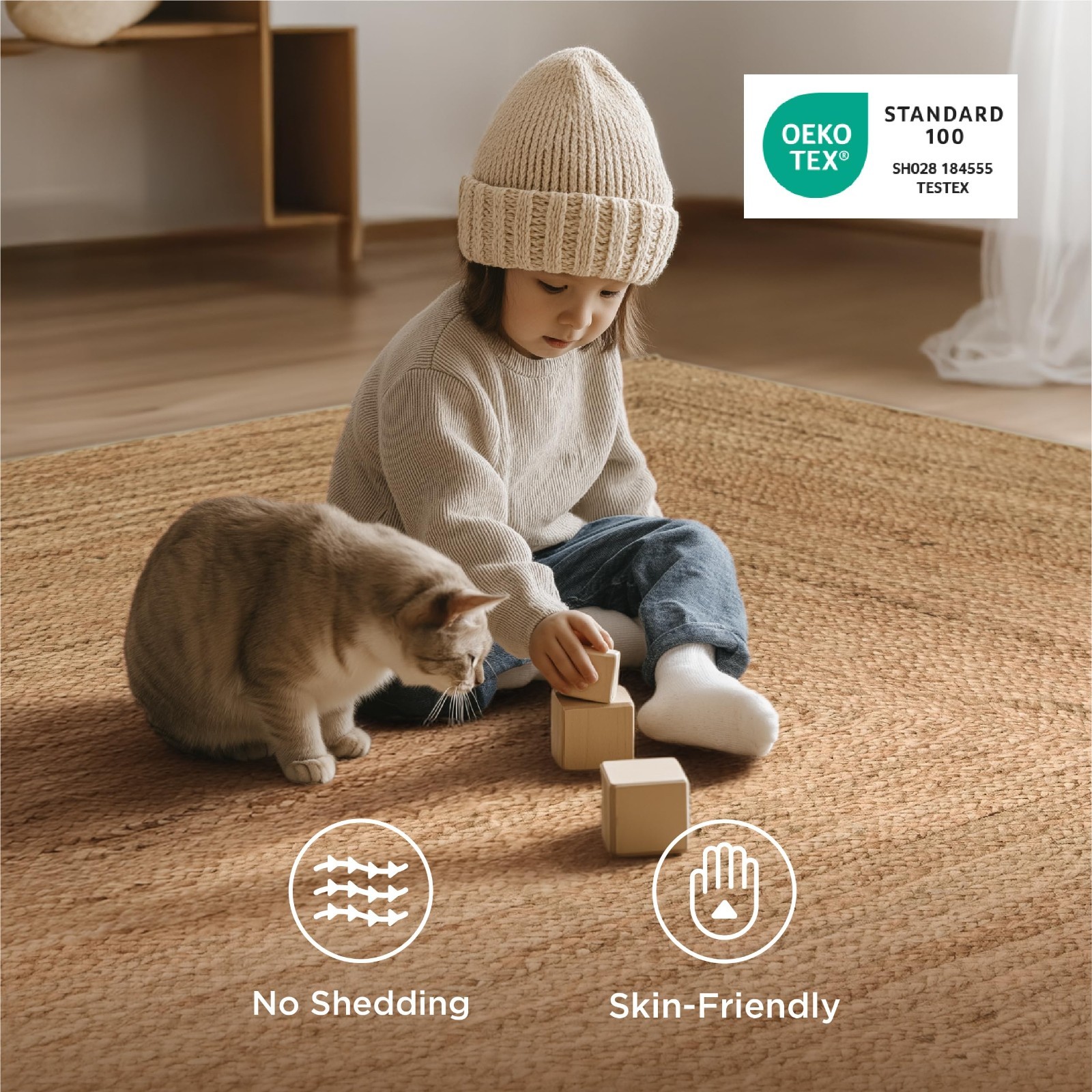 3×5 Printed Jute-Look Rug for Living Room – Machine Washable, Non-Slip, Non-Shed