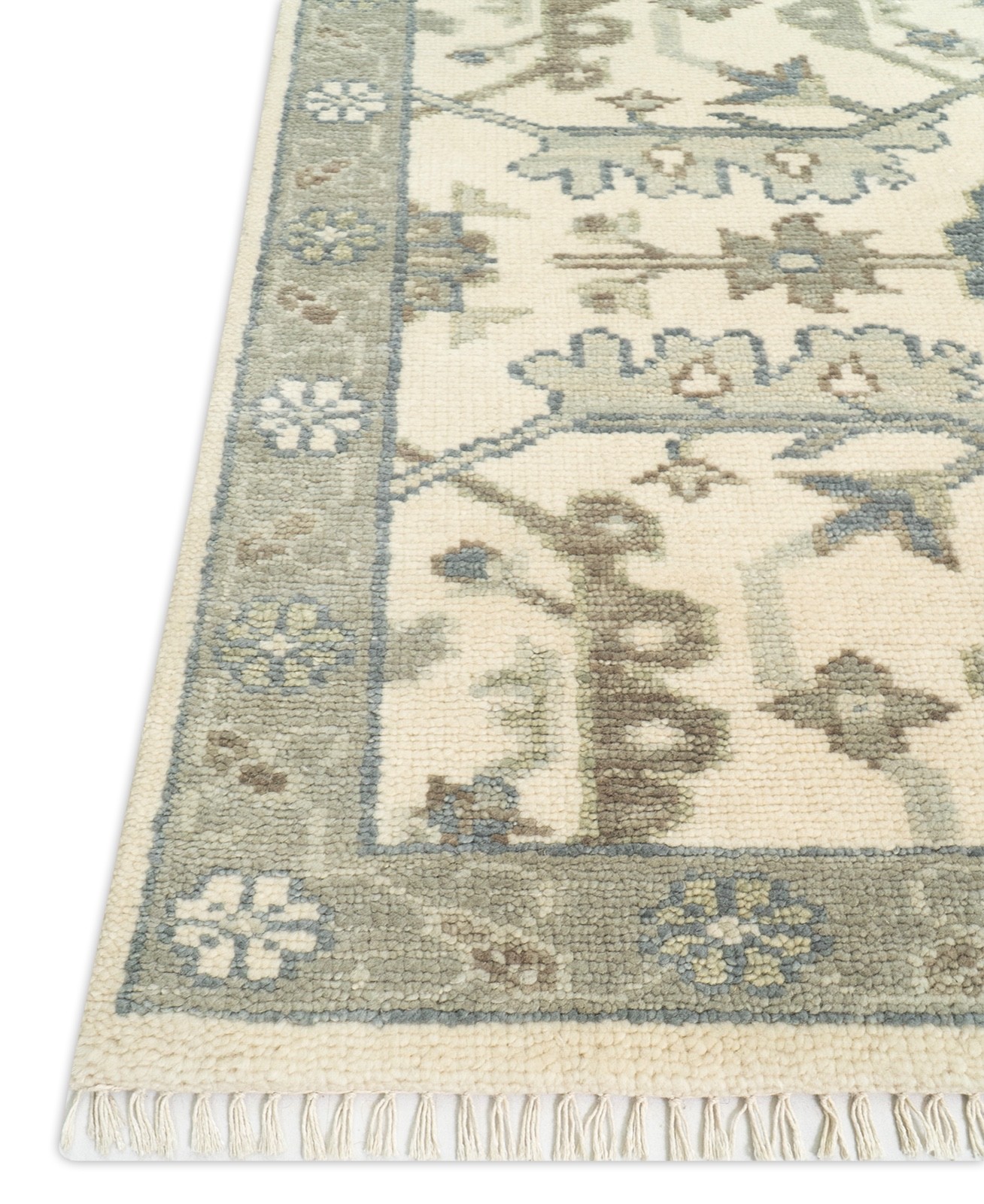 Floral Hand Knotted Wool Carpet 8’1″ x 10’0″ Ivory Turkish Oushak Bedroom Rug