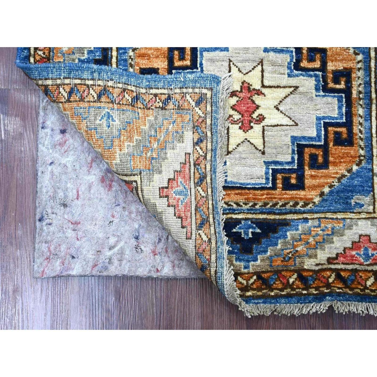 2’8″x7’4″ Blue Hand Knotted Afghan Ersari Elephant Feet Design Wool Runner Rug