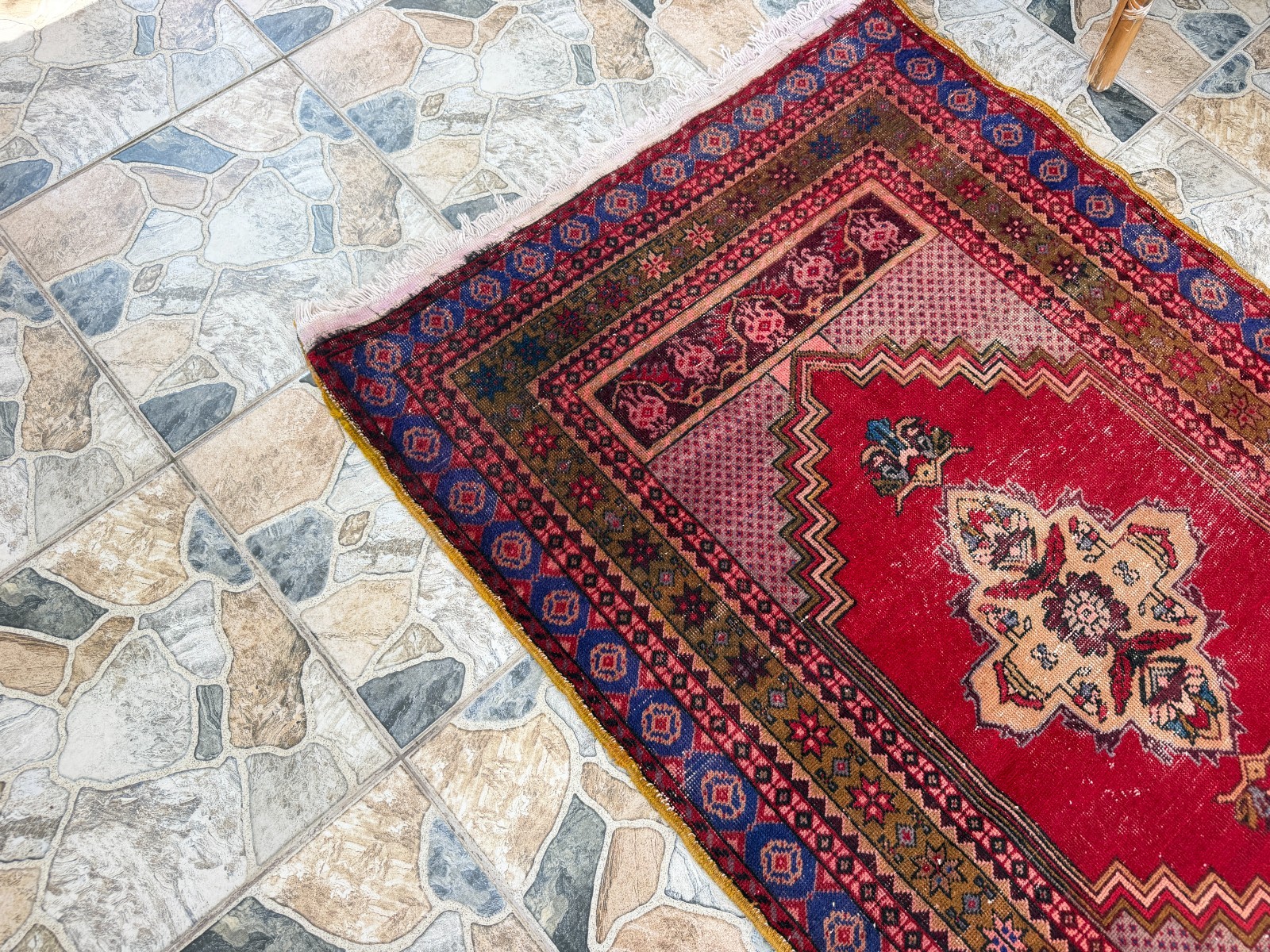 Vintage Oushak Tribal Rug, Handmade Turkish Anatolian Wool Geometric Area 3×5 ft