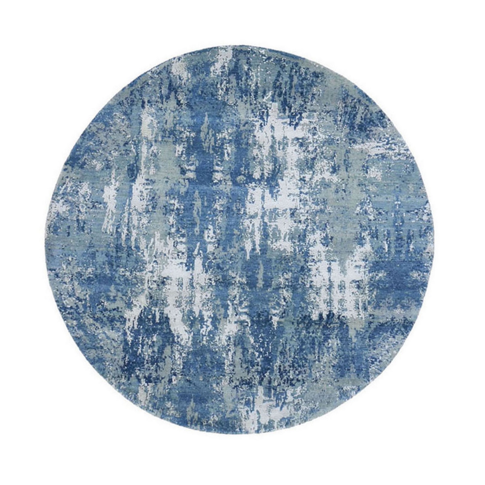 6’2″x6’2″ Round Abstract Design Wool and Pure Silk Blue Hand Knotted Rug R66755