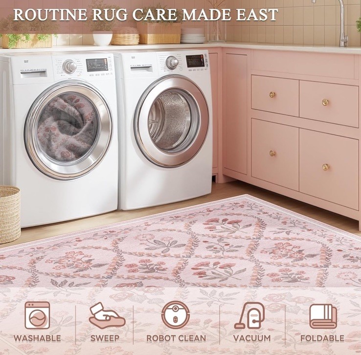 Pink Rug for Bedroom Girls, 5×7 Washable Rug for Floral