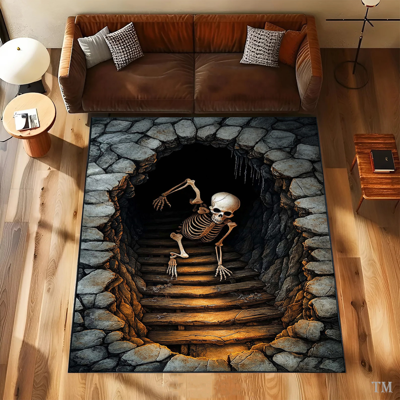 Skeleton Dungeon Optical Illusion Area Rug, Spooky Stone Pit Carpet, Gothic Hall