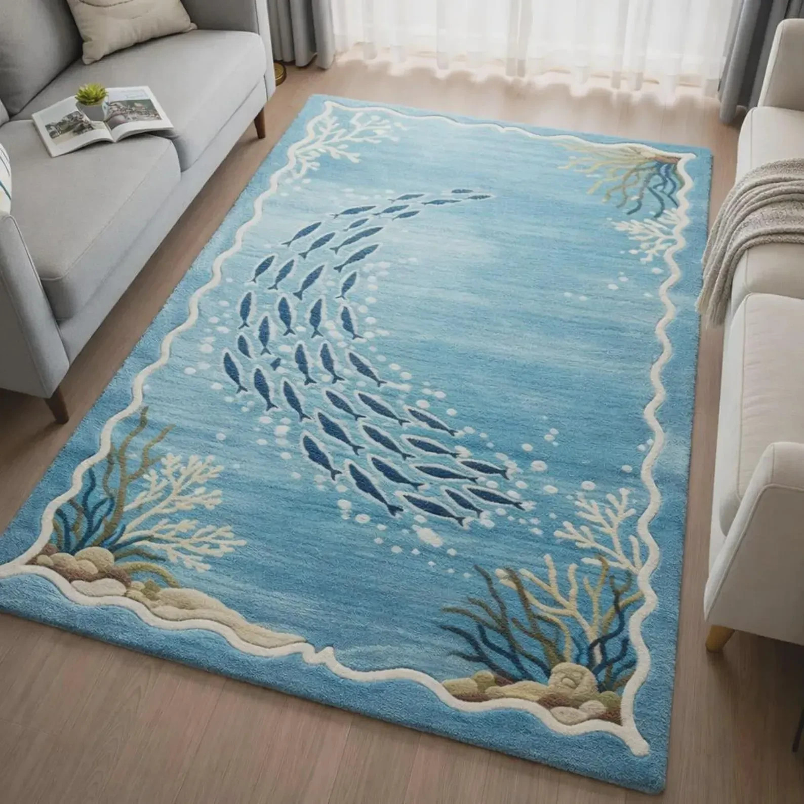 Handmade Wool Area Rug, Nautical Ocean Fish Pattern, Modern Coastal Room Carpet
