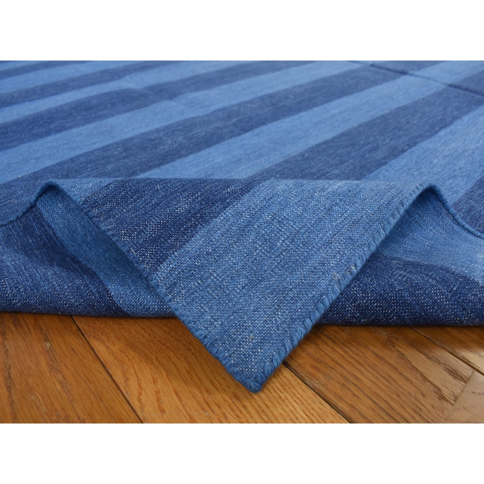 6’x9’3″ Blue Pure Cotton Durie Kilim Flat Weave Hand Woven Reversible Rug R78160