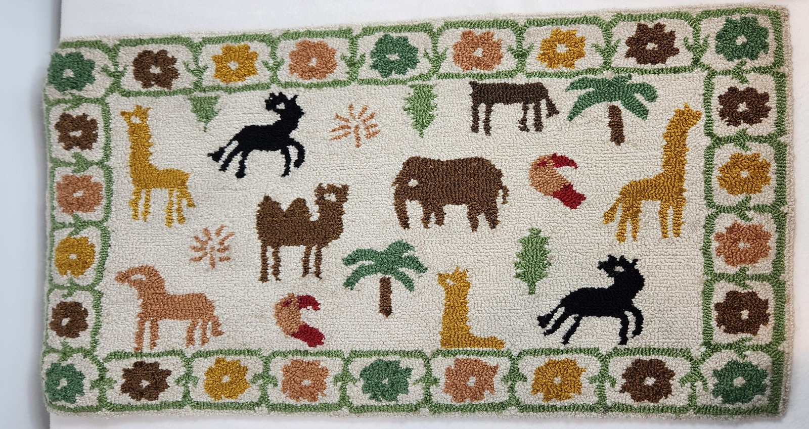 Anthropologie Champo Woven Hooked Tufted Rug Safari Animals Palm Tree 20×32″