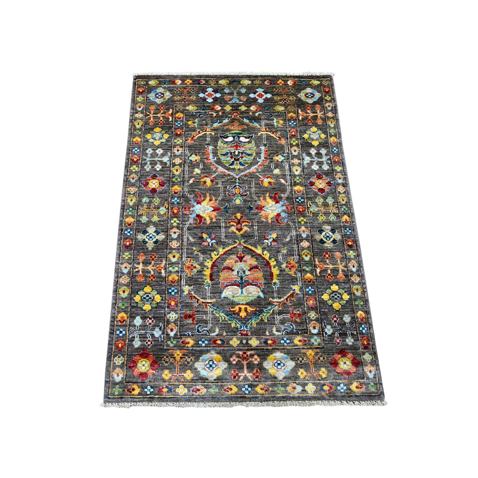 2’8″x4’2″ Gray Hand Knotted Sultani Floral Pattern Wool Sample Mat Rug 21682
