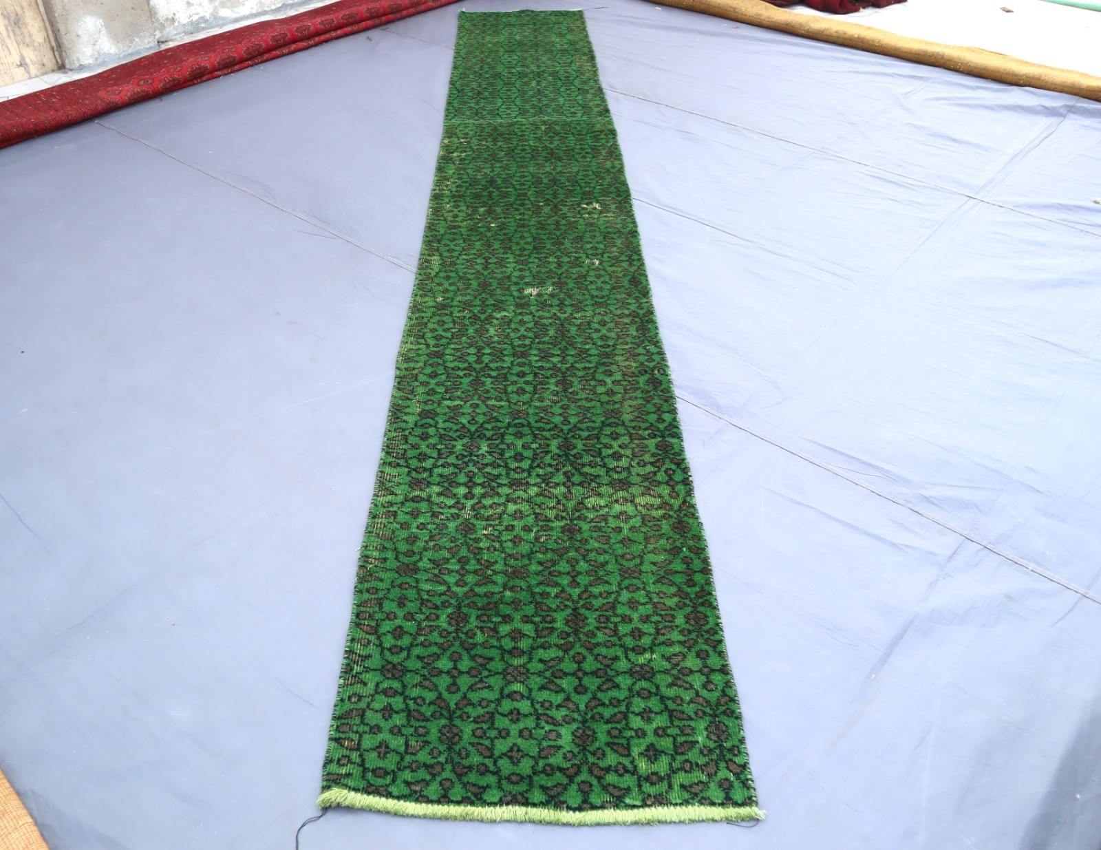 Green Runner rug 2’2×13’8 ft Afghan Overdyed Hand Knotted Narrow Runner Rug
