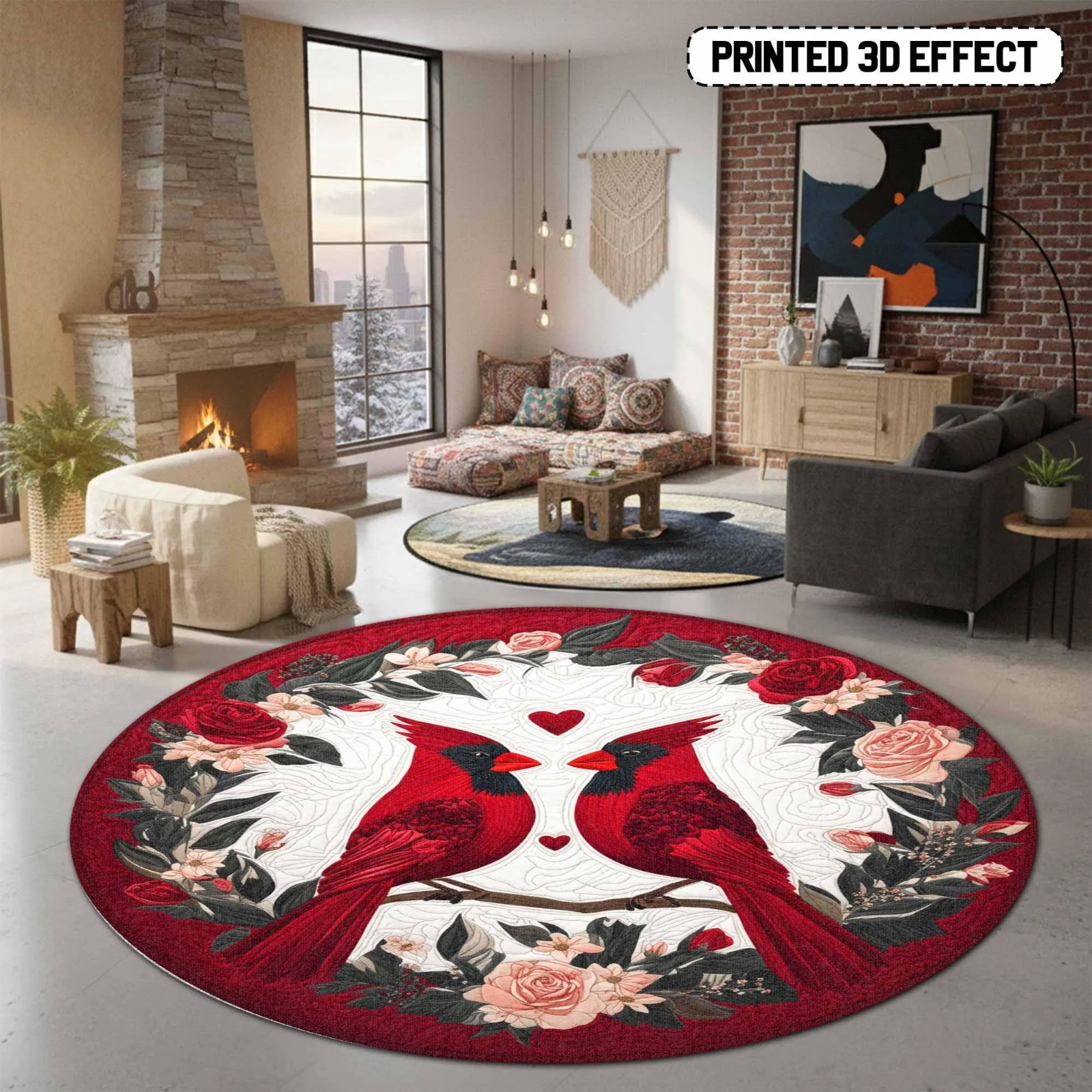 Red Cardinal Couple Round Rug Memorial Floral Heart Design Floor Mat Living Room