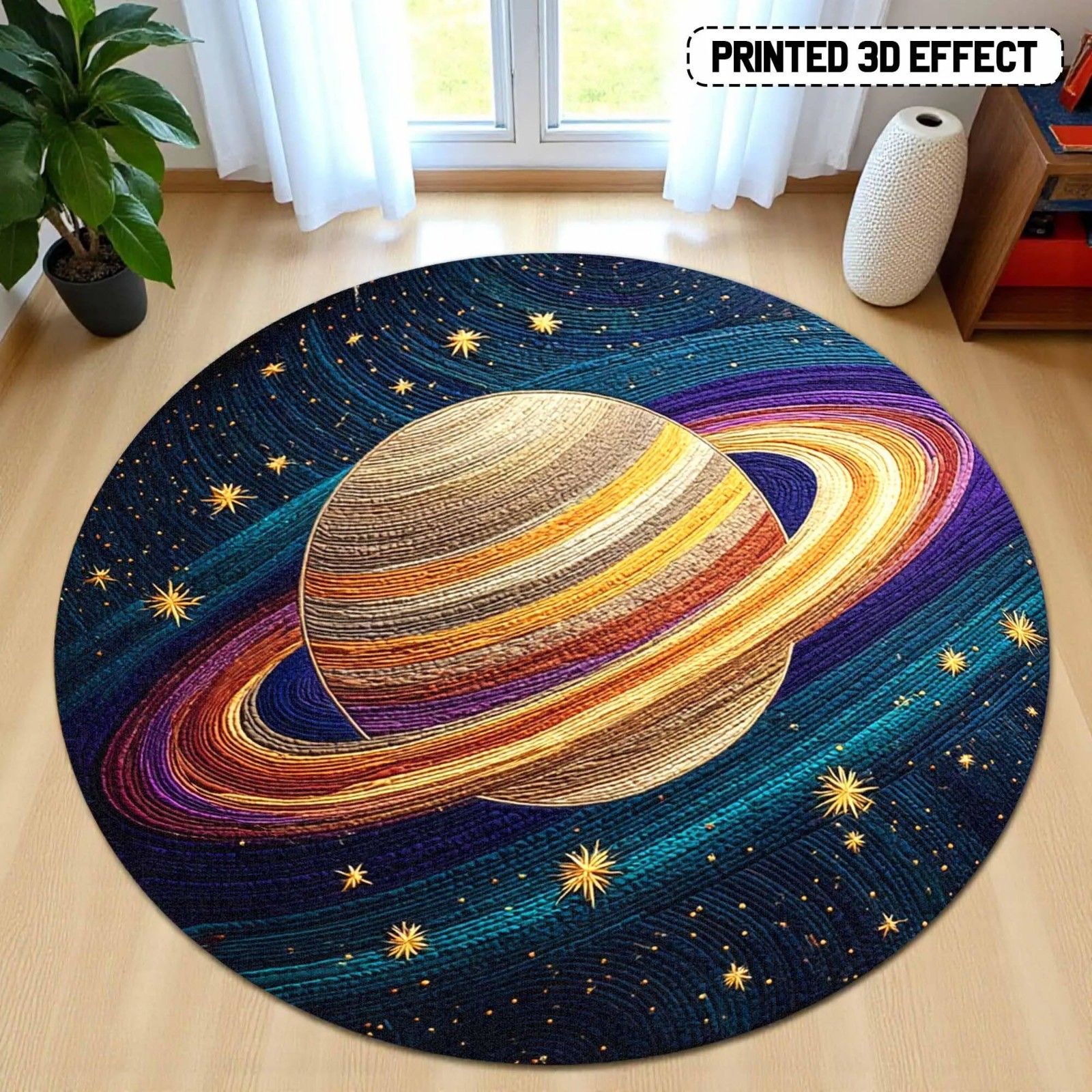 Saturn Planet Round Rug Galaxy Space Cosmic Star 3D Effect Astronomy Home Decor