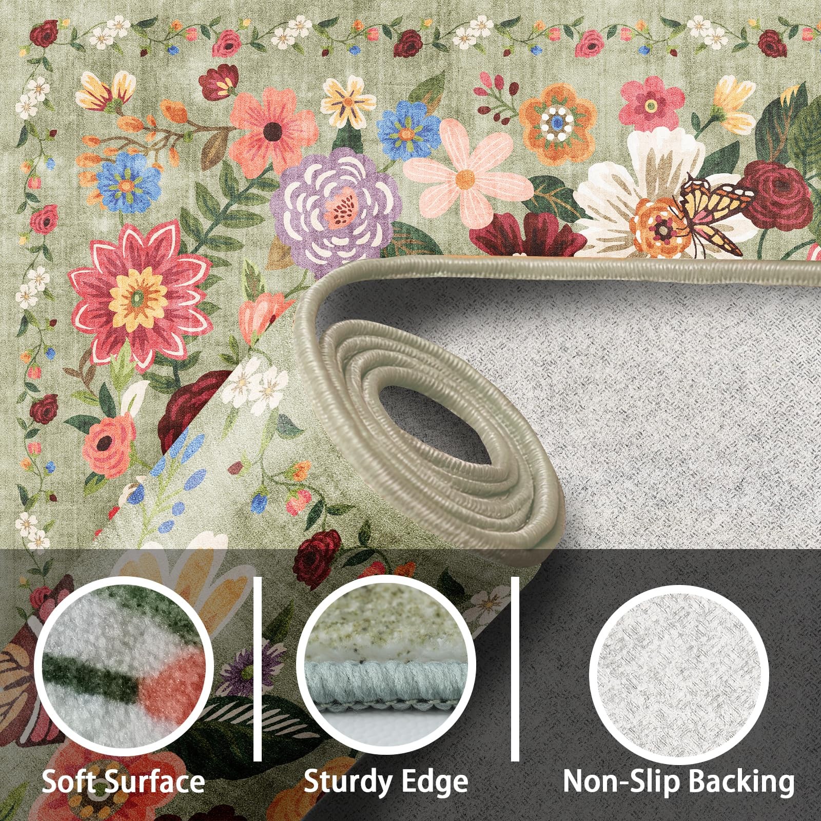 Babovid Green Area Rugs 9×12 Washable Non Slip Floral Low Pile Large Rug for …