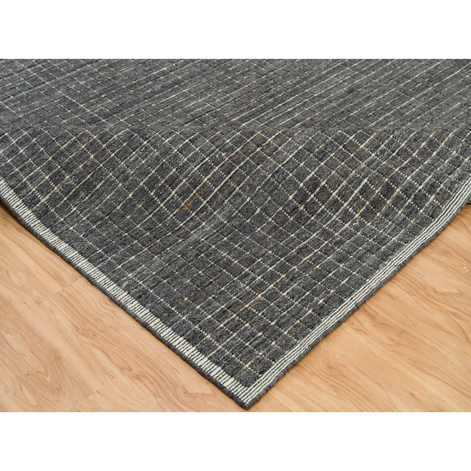 12′ x 14’9″ Gray Loomed Knotted Modern Box Design Pure Wool Oversized Rug R90345