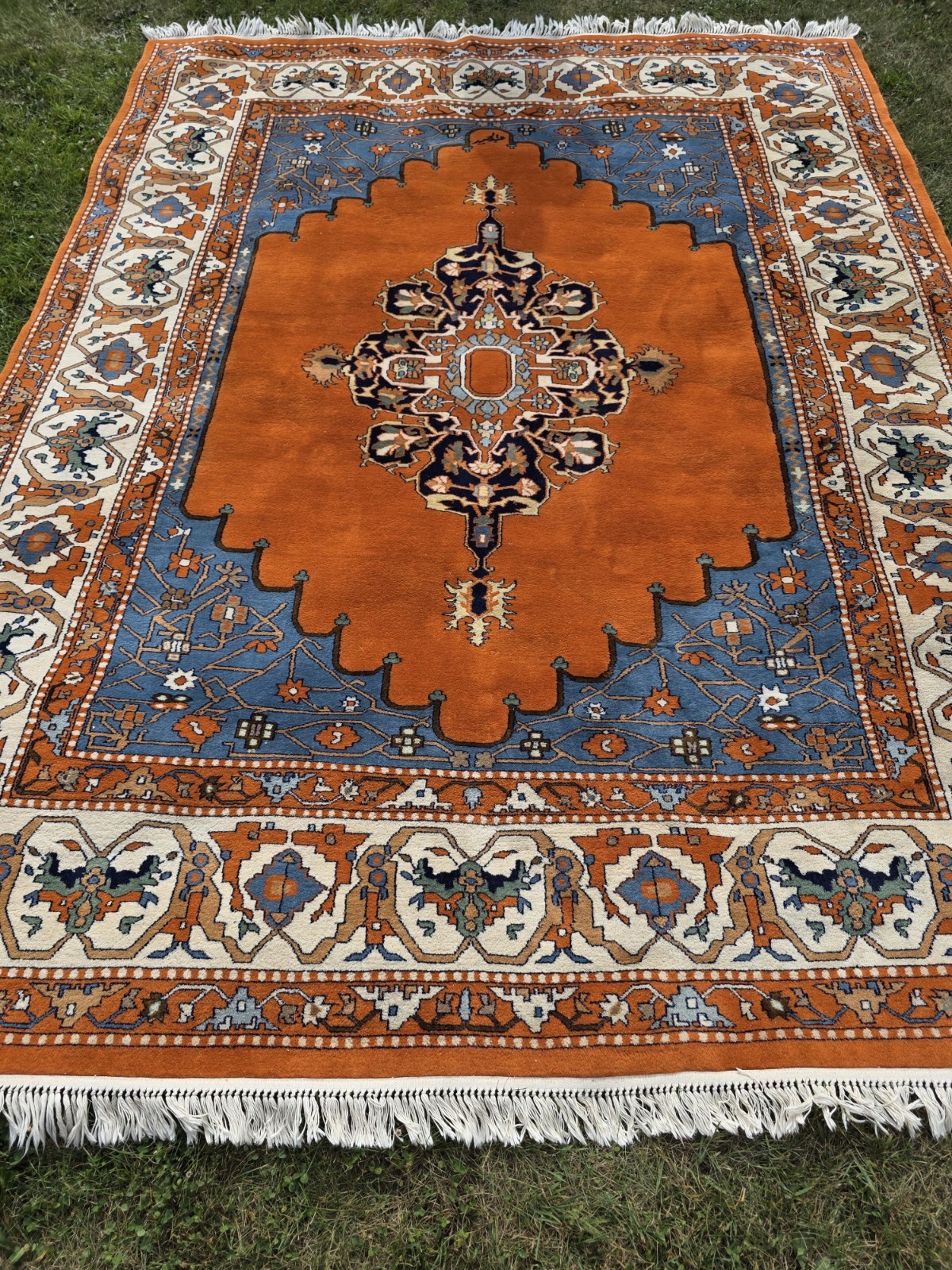 Heavyweight Vintage 9×12 Wool Area Rug Rust Orange Slate Blue Medallion Serapi S