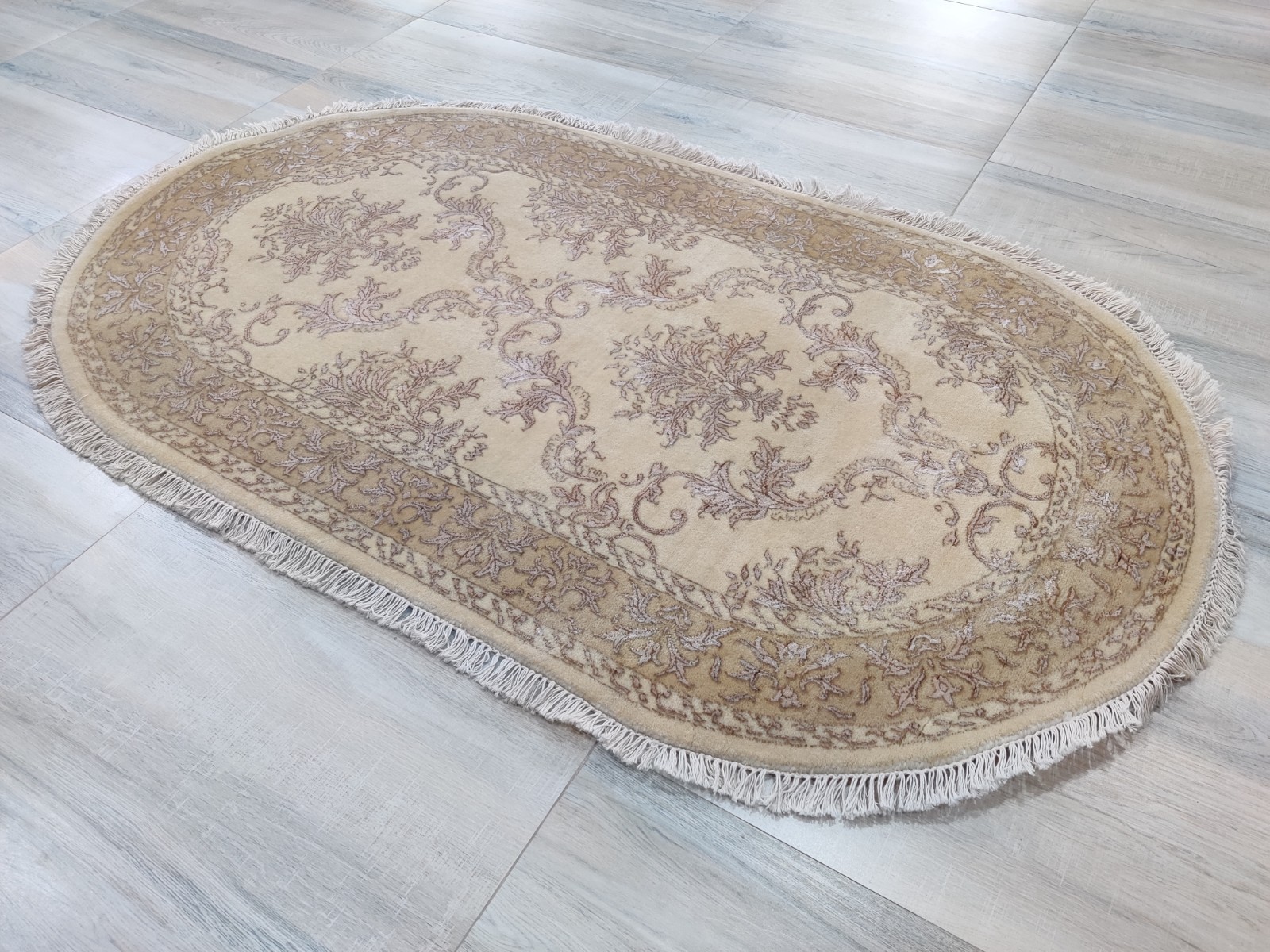 Damask Cream Gold 3 x 5 Hand Knotted Wool Rug for Bedroom 90×160 cm Oval Carpet