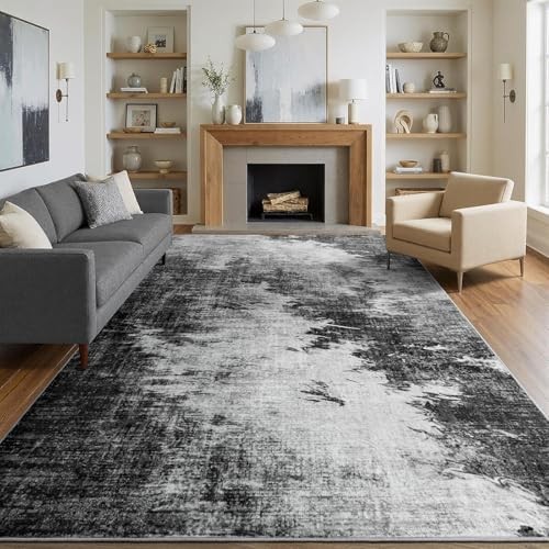 Washable Area Rugs for Living Room, 4×6 Modern Abstract 4x6Feet Grey Black