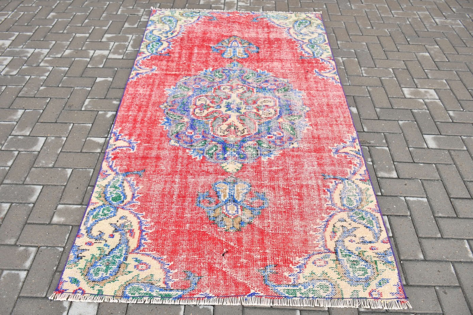 Turkish Rug, Area 4,1×7,1 ft Vintage Rug, Red Oriental Wool Rug