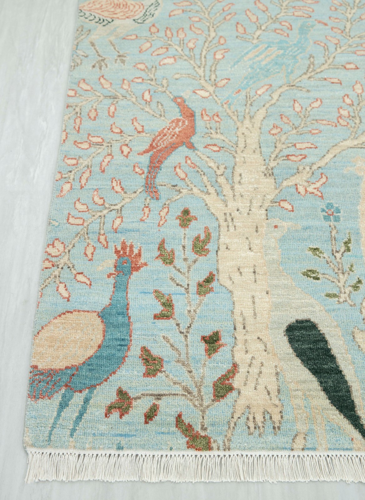5×8 Blue Meticulously Hand Knotted Birds of Paradise Inspired Wool Rug