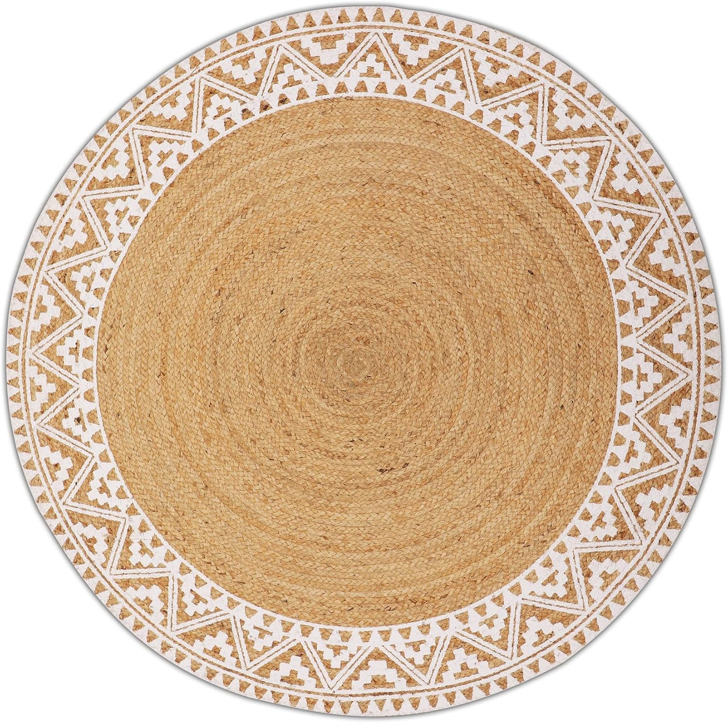 Premium 4ft Round Natural Jute Rug with White Border – Stain Resistant Decor