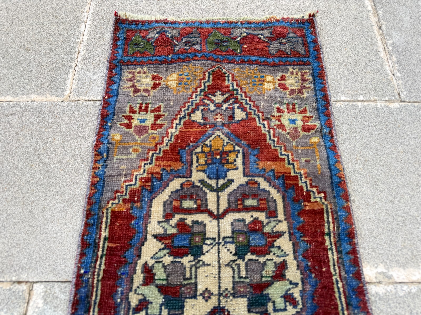 Vintage Turkish Rug 1.3×3.1 ft Faded Red Navy Blue Boho Accent Rug