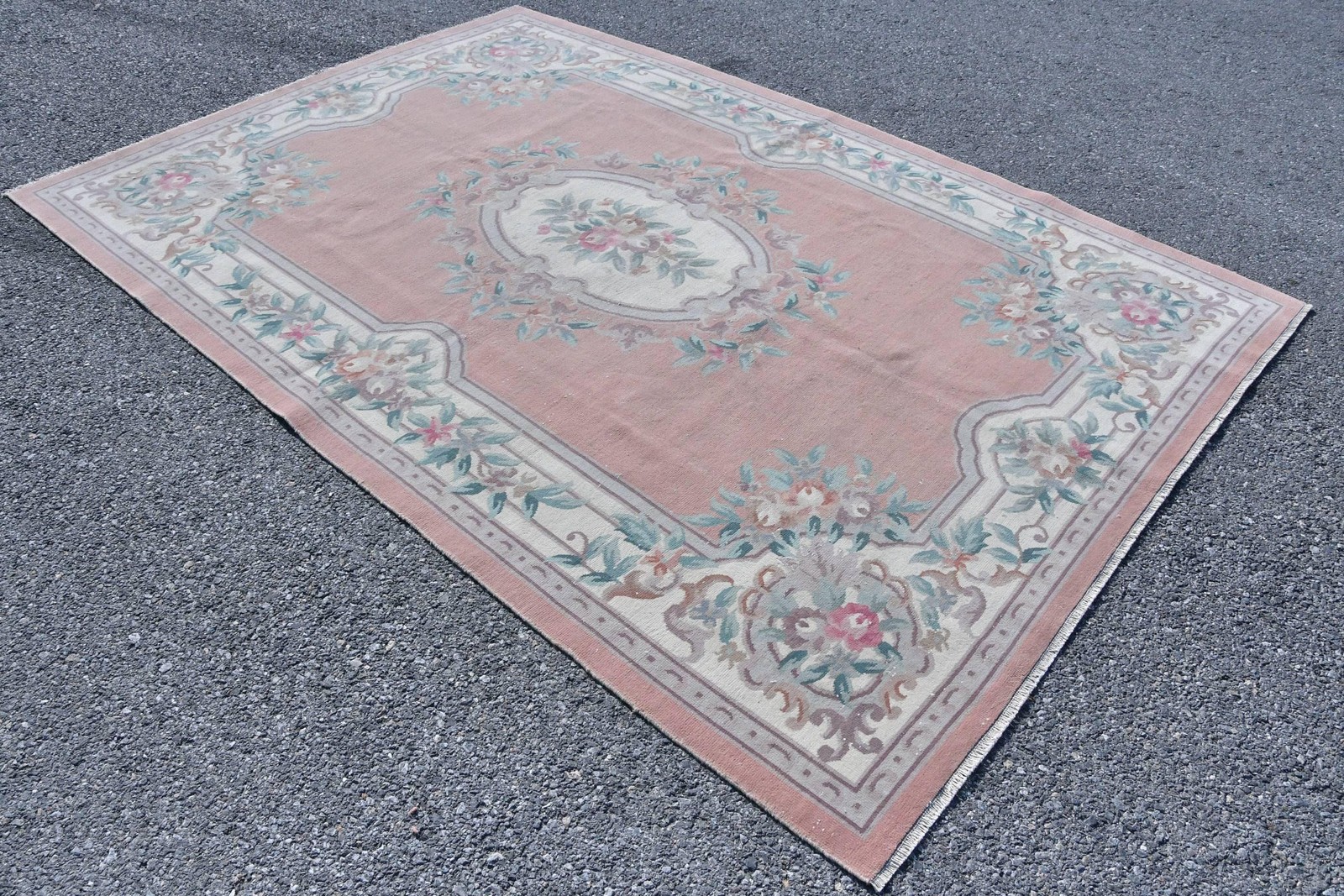 Vintage Rug, 6,5×9,7 ft Large Turkish Rug, Pink Green Ikat Rug