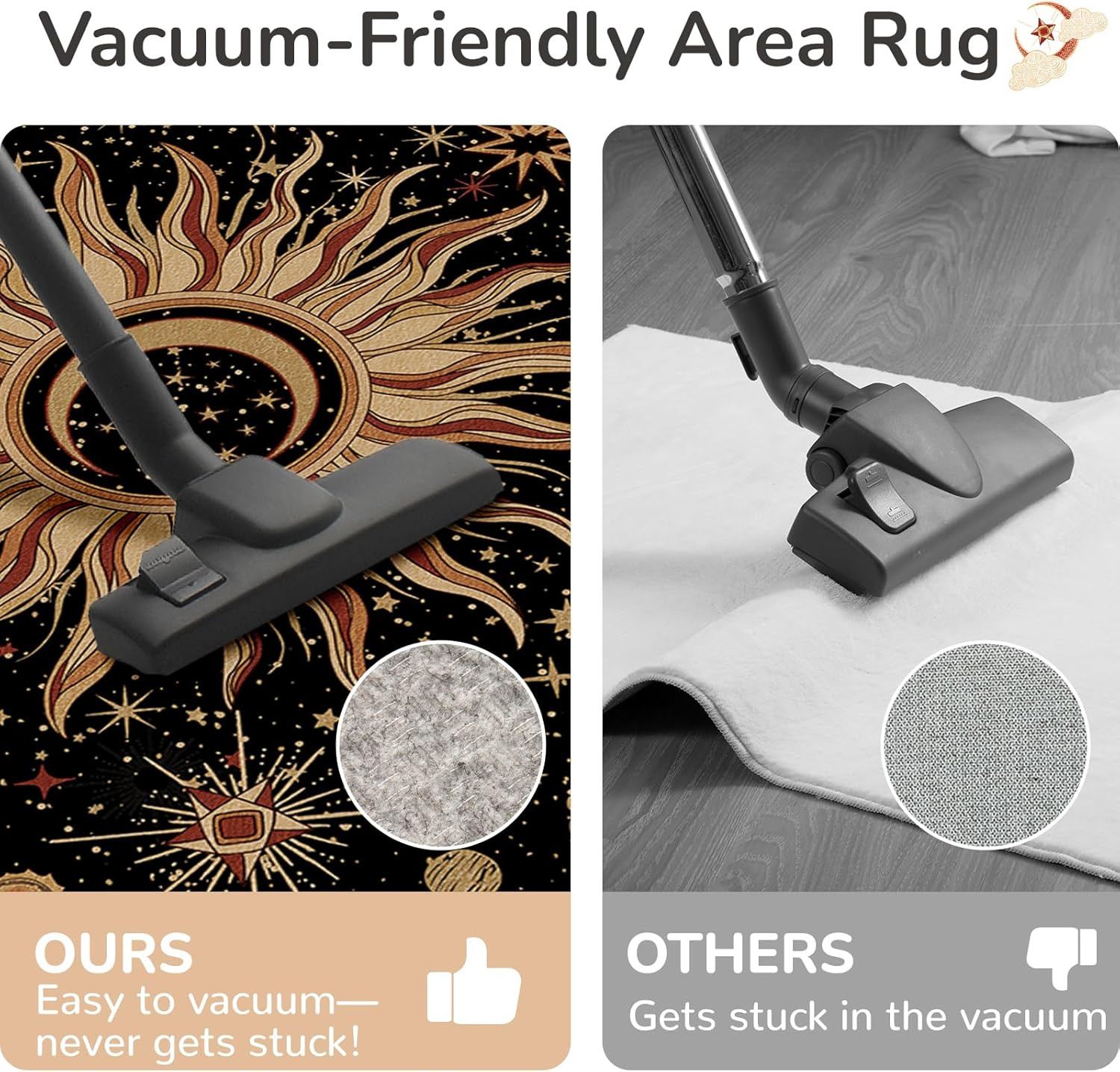 6X9 Area Rugs, Washable Vacuum-Friendly Non-Slip Rug Vintage Boho Gothic Sun and