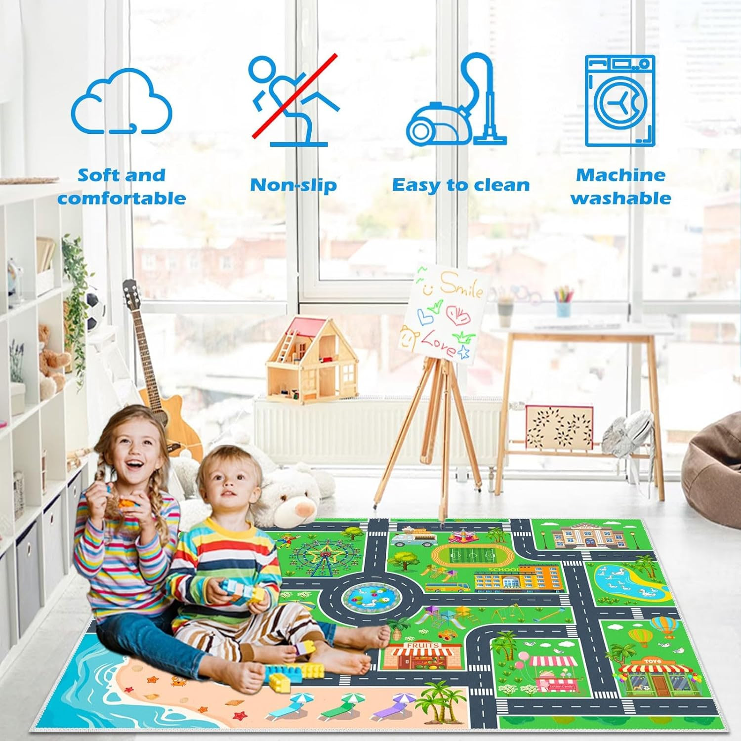 Kids Carpet Playmat Car Rug, Car Rug for Kids Toy Cars and Train, Non Slip Play