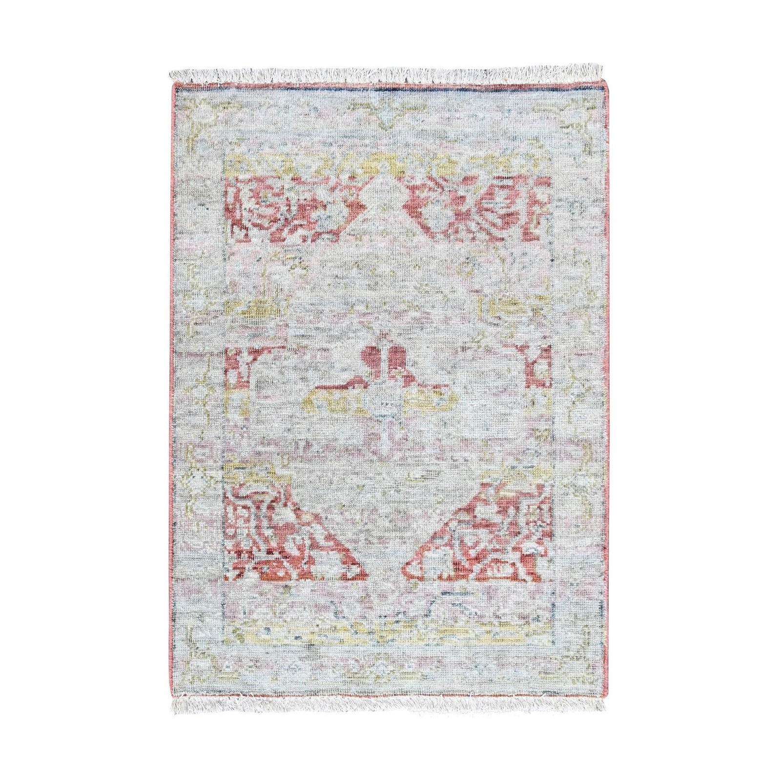2’x3′ Ivory-Red Ziegler Mahal with Medallion Design Hand Knotted Wool Mat Rug