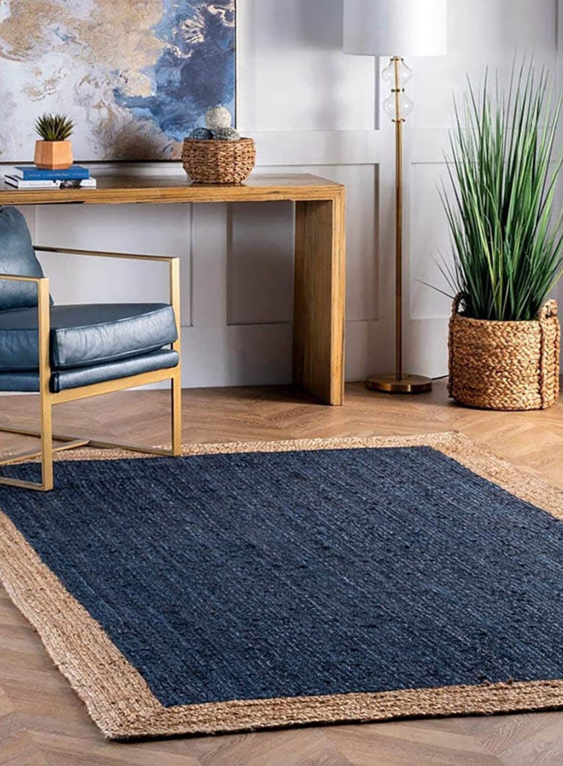 Jute Rug Modern Braided Blue Color Carpet Rust Look Style Solid Square Area Rug