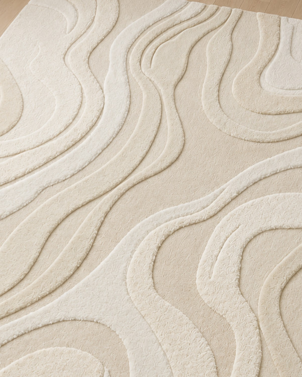 Hand Tufted Wool Rug Cream Beige Contemporary 3D Carved Carpet