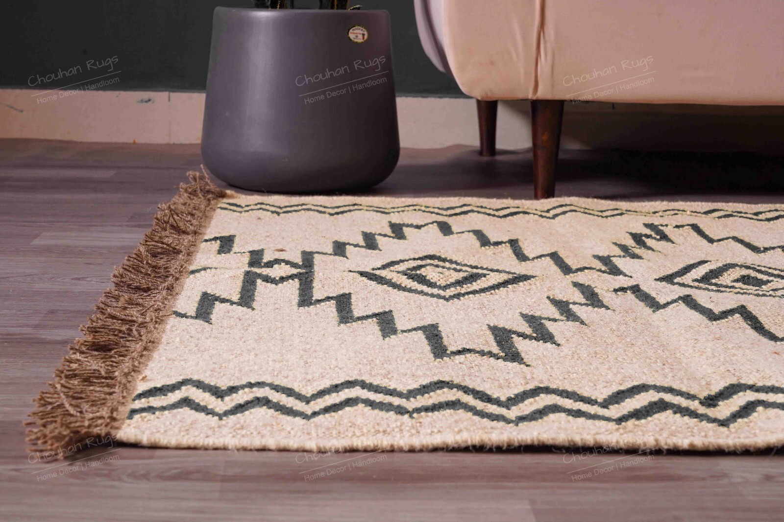Handwoven Wool Jute Off White Kilim Rug With Black Design Rug For Living Room