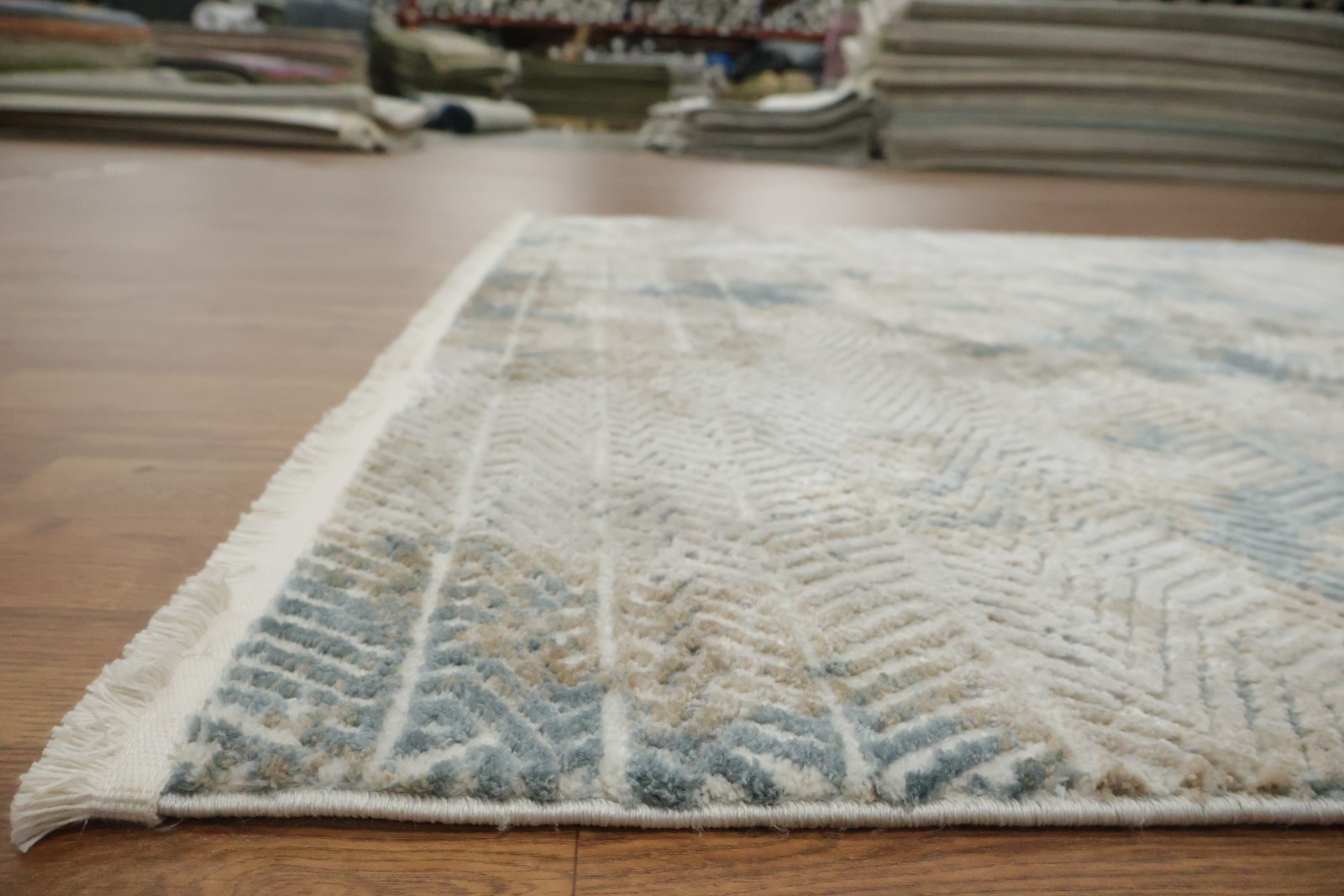 Subtle Blue and Beige Area Rug 5×8 Ft Abstract & Modern Turkish Carpet