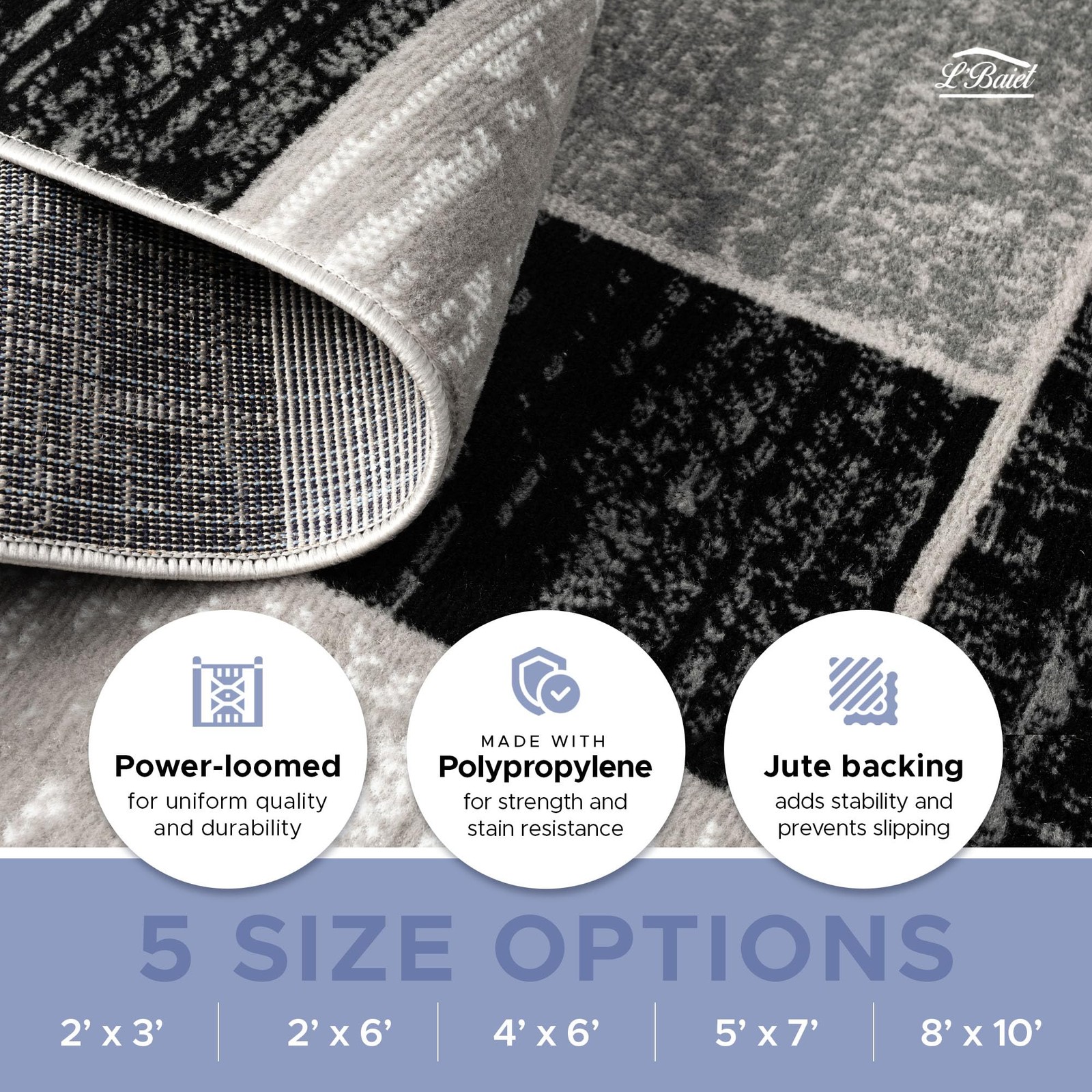 L’Baiet Verena Geometric Area Rug Black Grey 5′ x 7′ Medium Area Rugs Carpet